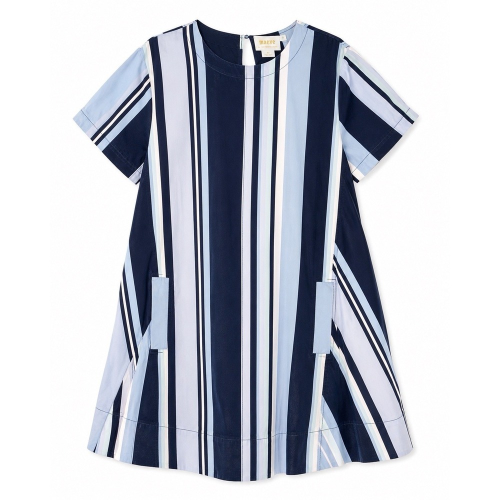 Maeve Emmy Mini Swing Dress M Blue Stripe Coastal Grandmillennial Quiet Luxury